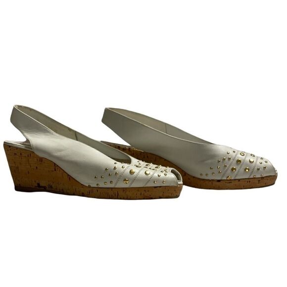 Vintage André Assous White and gold studded Soft Leather Wedges - Picture 2 of 6